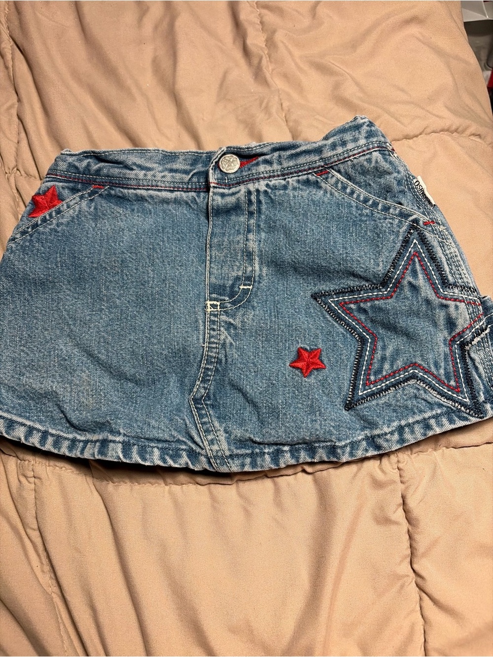 Faded Glory Blue Denim Skirt with Red Star Accents